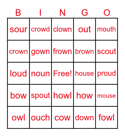 OU/OW WORDS Bingo Card