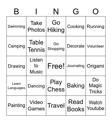 Hobbies Bingo Card