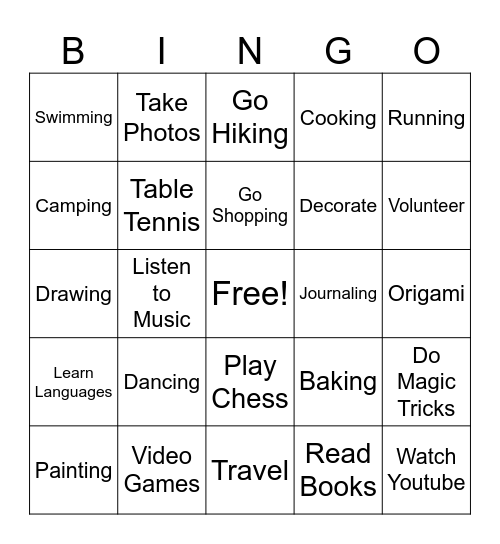 Hobbies Bingo Card