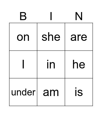 sight words Bingo Card