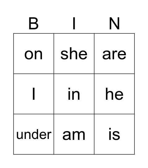 sight words Bingo Card