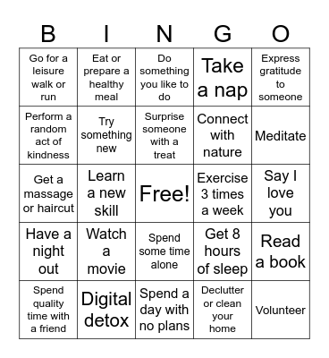 Mental Wellness Bingo Card