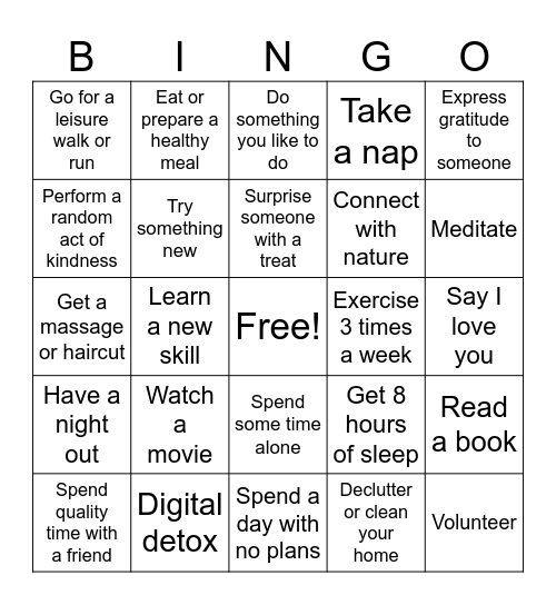 Mental Wellness Bingo Card