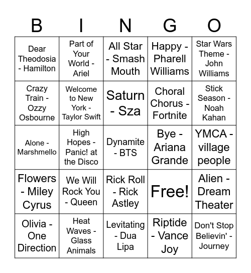 Music Bingo! Bingo Card