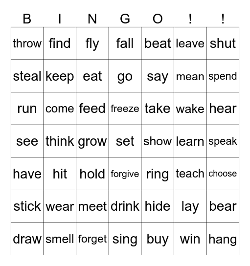 Irregular Past Simple Bingo Card