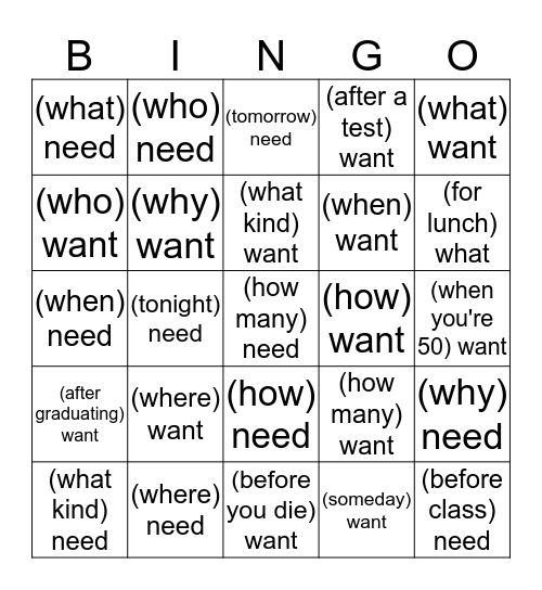 Wants + Needs Bingo Card