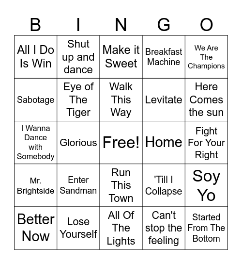 Faculty Hype Songs Bingo Card