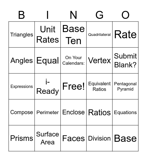 Math 6 Review Bingo Card