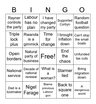 Starmer vs Sunak TV debate bingo Card