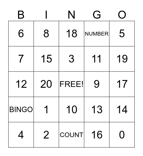 Counting from 0-20 BINGO Card