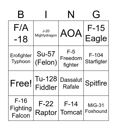 Plane Bingo Card