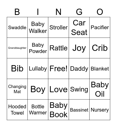 "Baby Shower" Bingo Card