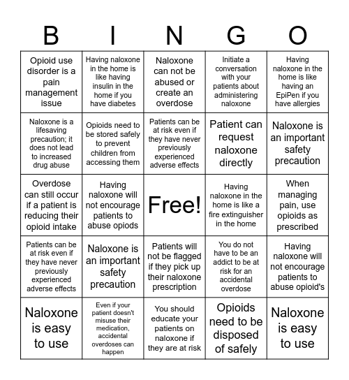 Narcan Bingo Card