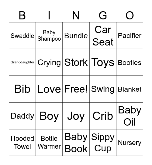 "Baby Shower" Bingo Card