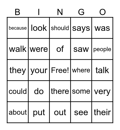 Heart Word Bingo Card