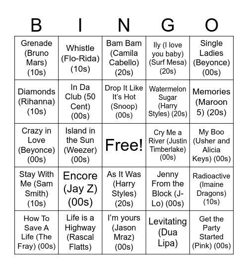 00s 10s and 20s Music Bingo Card