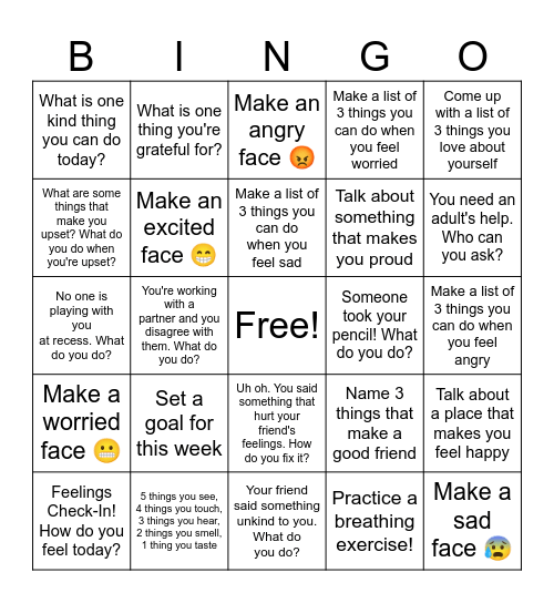 Social Emotional Bingo! Bingo Card