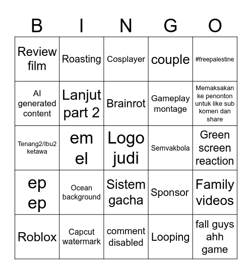 Incognito yt short di indo Bingo Card