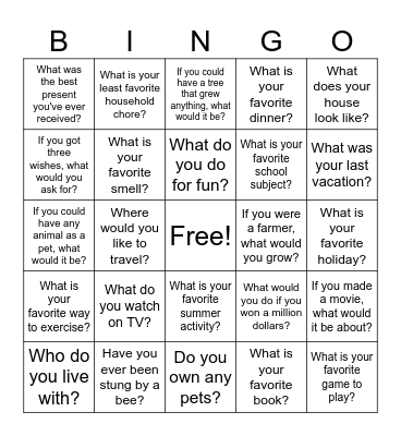 Open Ended Questions Bingo Card