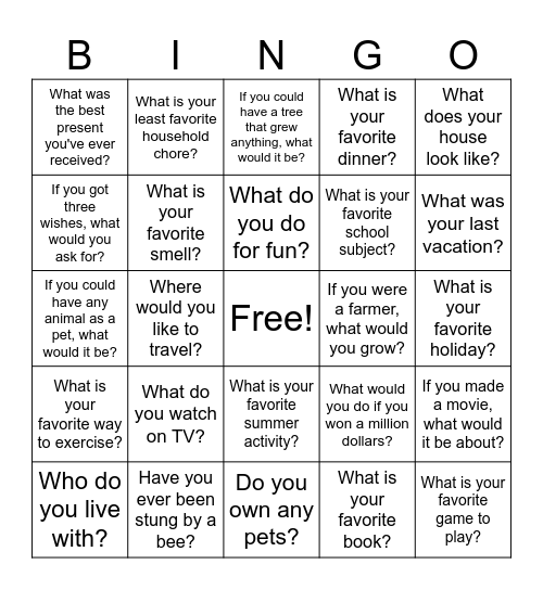 Open Ended Questions Bingo Card