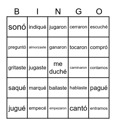 Preterite AR Verbs Bingo Card