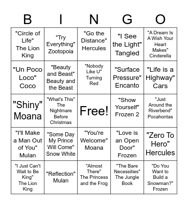 Bash and Bingo - Disney Songs! Bingo Card