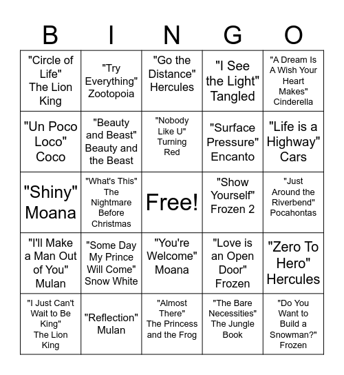 Bash and Bingo - Disney Songs! Bingo Card