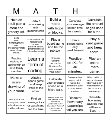 Summer Math Fun Bingo Card