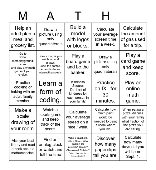 Summer Math Fun Bingo Card