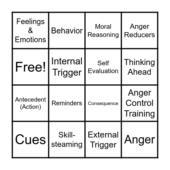 Anger Replacement Training Bingo Card