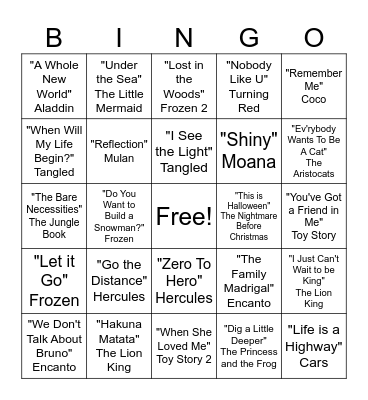 Bash and Bingo - Disney Songs! Bingo Card