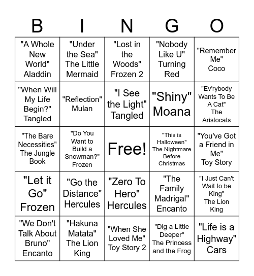 Bash and Bingo - Disney Songs! Bingo Card