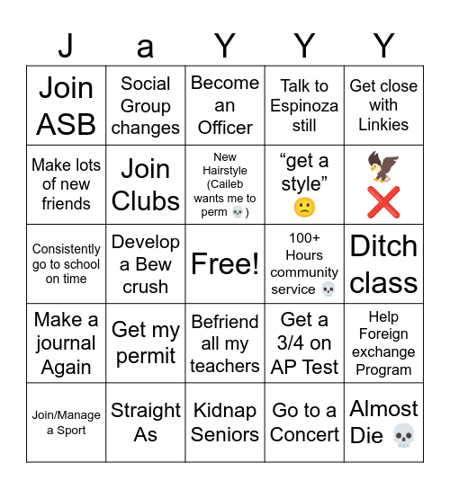 Junior Year Bingo Card