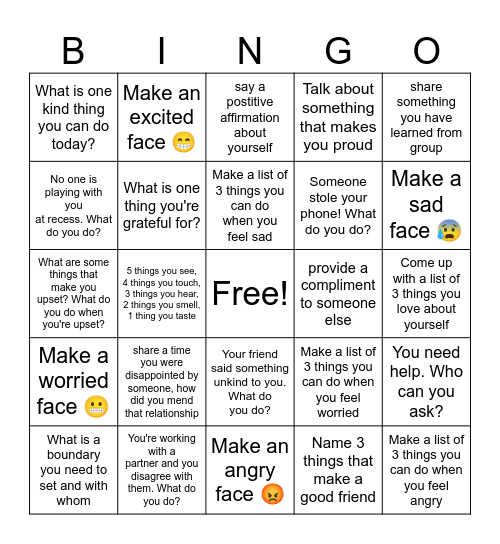 Social Emotional Bingo! Bingo Card