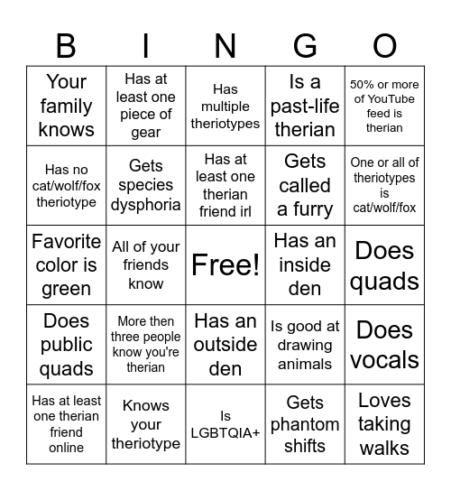 Therian Bingo Card