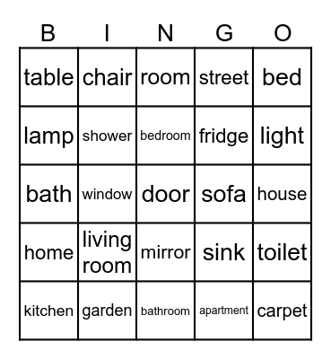 FURNITURE Bingo Card