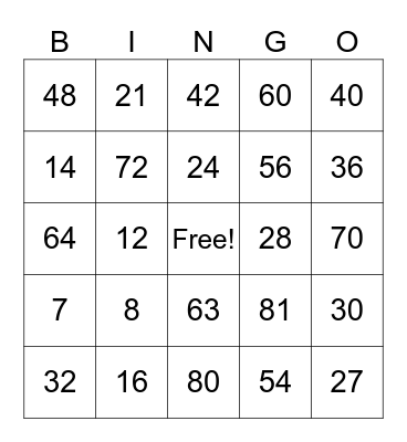 Multiplication Facts Bingo Card