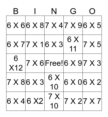 SIX AND SEVEN MULTIPLICATION Bingo Card