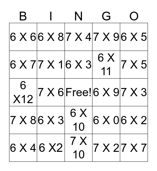 SIX AND SEVEN MULTIPLICATION Bingo Card