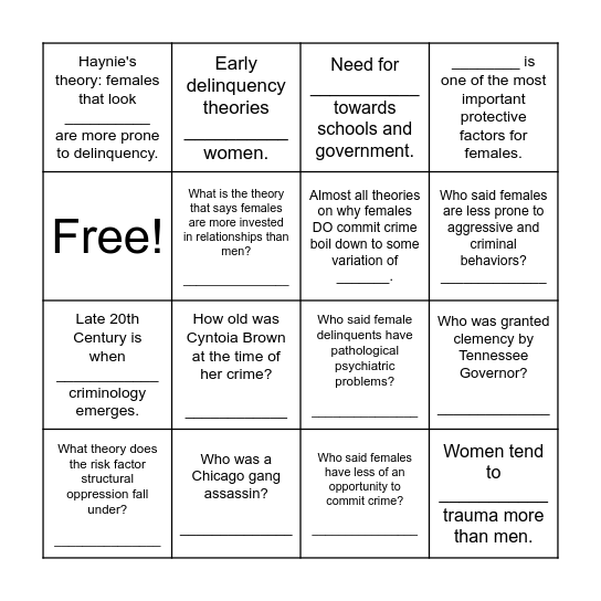 Female Delinquency Bingo Card