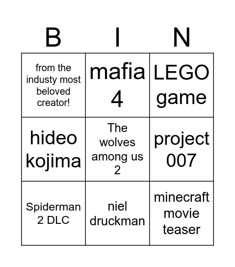 Summer Games Fest Bingo Card