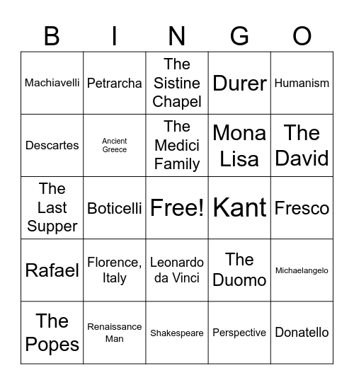 Renaissance Bingo Card