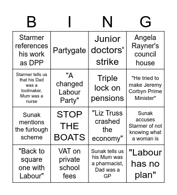 Sunak v. Starmer Bingo Card