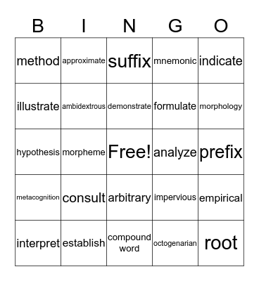 Morphology Vocabulary Bingo Card