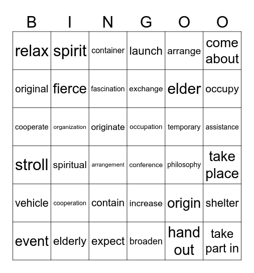 B2U8 Vocabulary Bingo Card