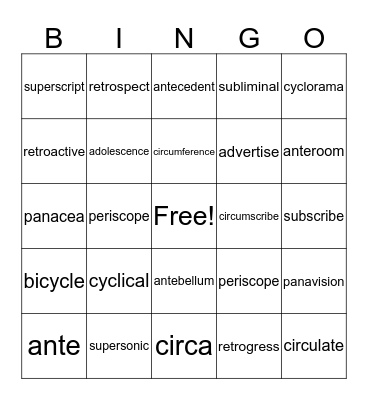 Vocabulary Unit 5 Bingo Card