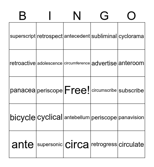 Vocabulary Unit 5 Bingo Card