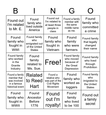 Genealogy Bingo Card