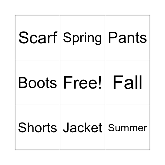 Cothes bingo Card