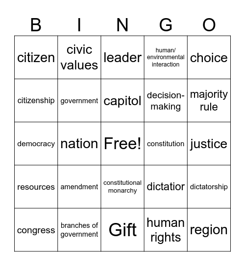 Grade 5 Government Bingo Card